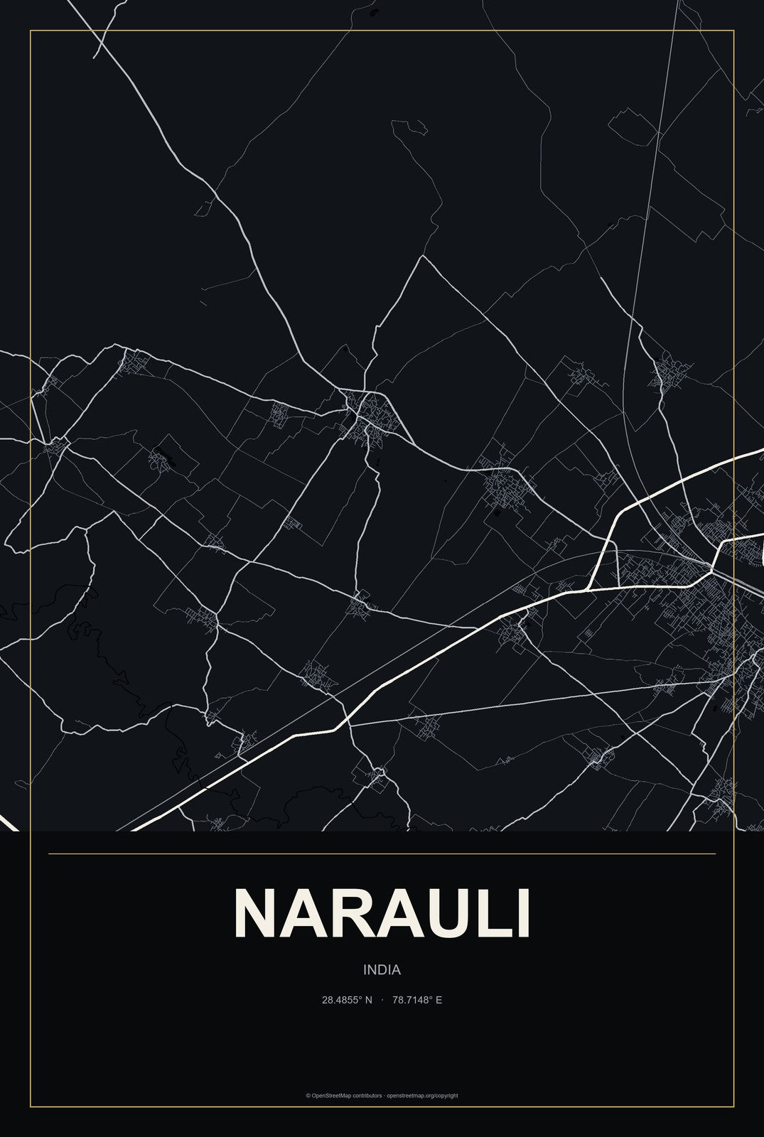 Narauli, India City Map Aluminum Sign in Metropolitan Noir style