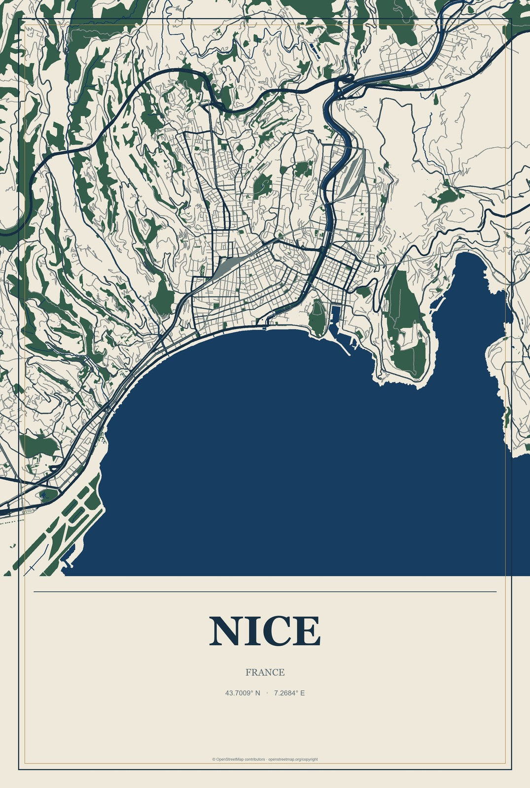 Nice, France City Map Aluminum Sign in Coastal Cutout style