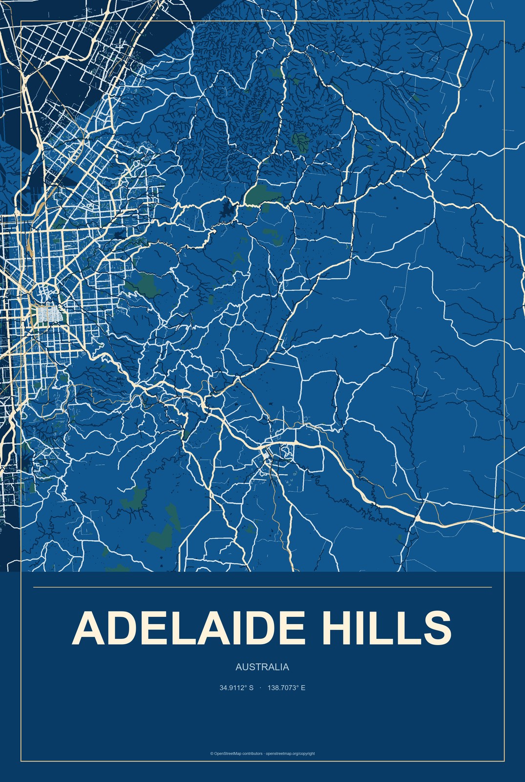 Adelaide Hills, Australia City Map Aluminum Sign in Harbor Cobalt style