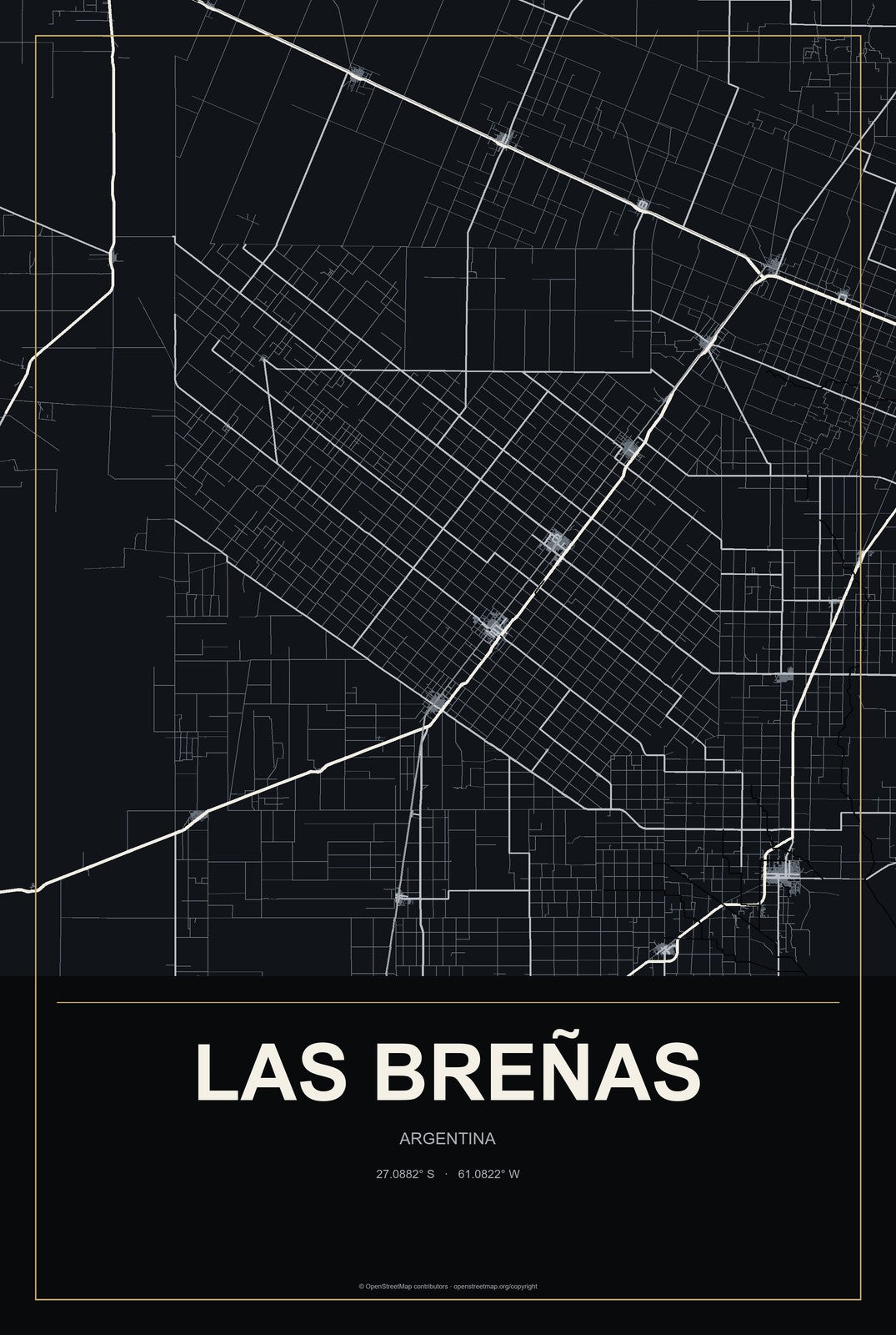 Las Breñas, Argentina City Map Aluminum Sign in Metropolitan Noir style