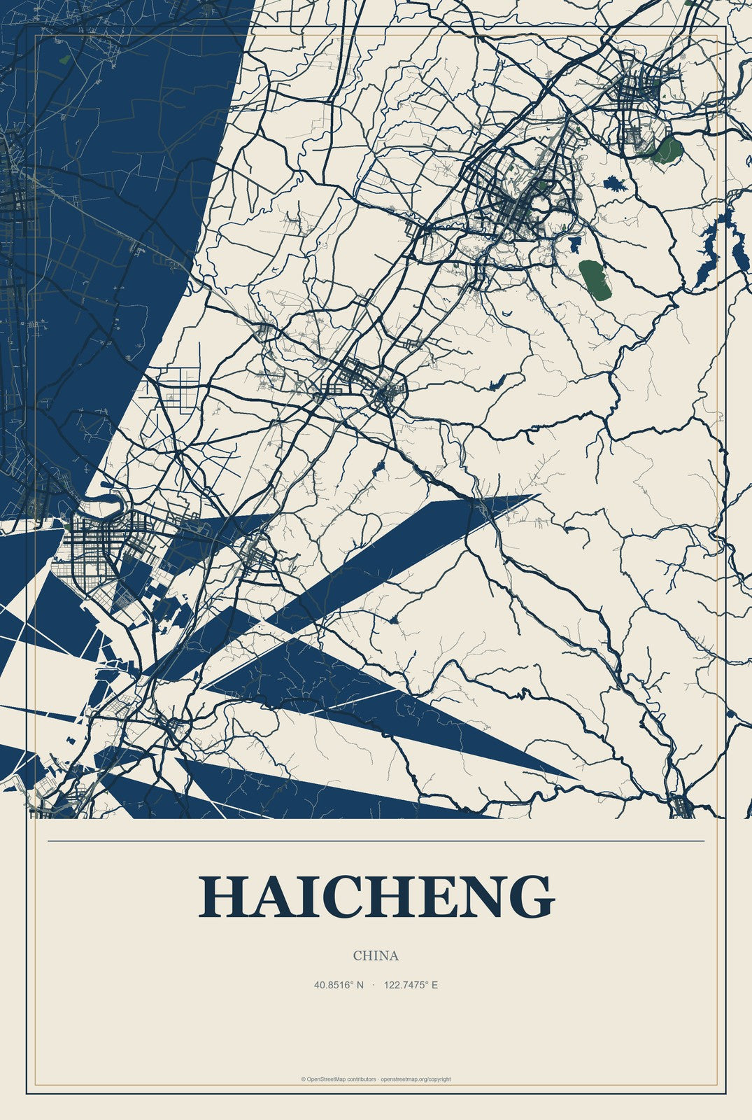 Haicheng, China City Map Aluminum Sign in Coastal Cutout style