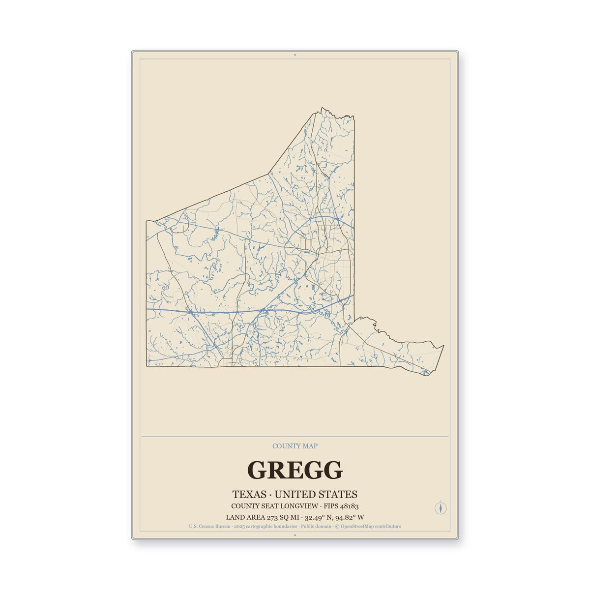 Gregg County, Texas Map Aluminum Sign in Heritage Nautical style