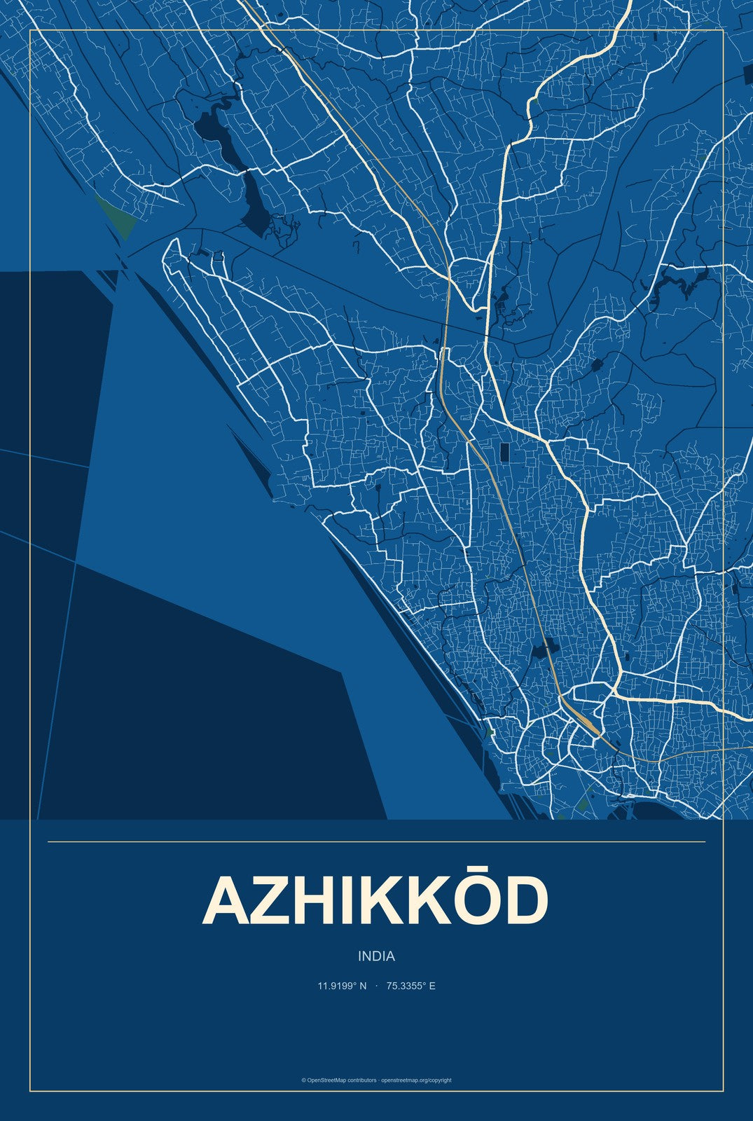 Azhikkōd, India City Map Aluminum Sign in Harbor Cobalt style