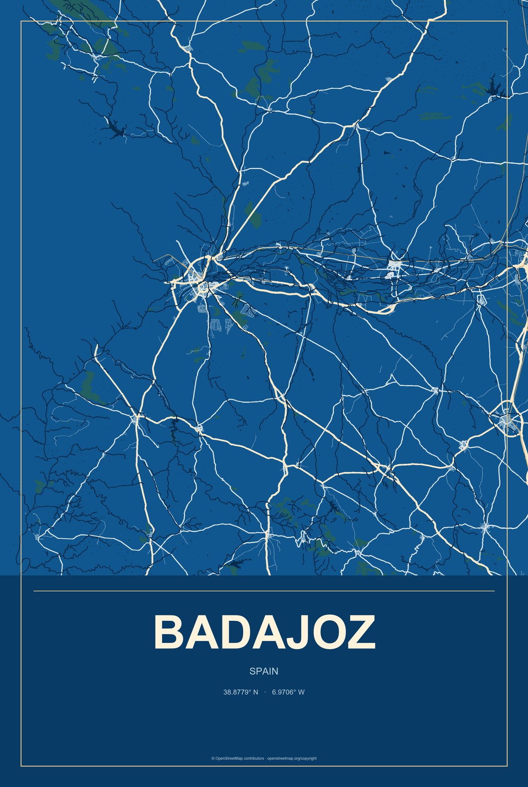 Badajoz, Spain City Map Aluminum Sign in Harbor Cobalt style