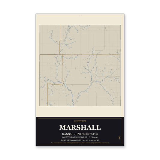 Marshall County, Kansas Map Aluminum Sign in Museum Plaque style
