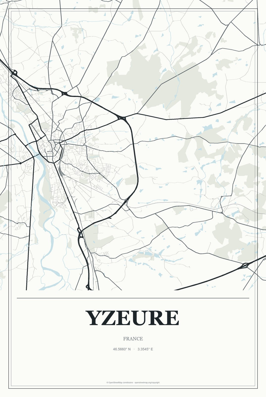 Yzeure, France City Map Aluminum Sign in Gallery Air style