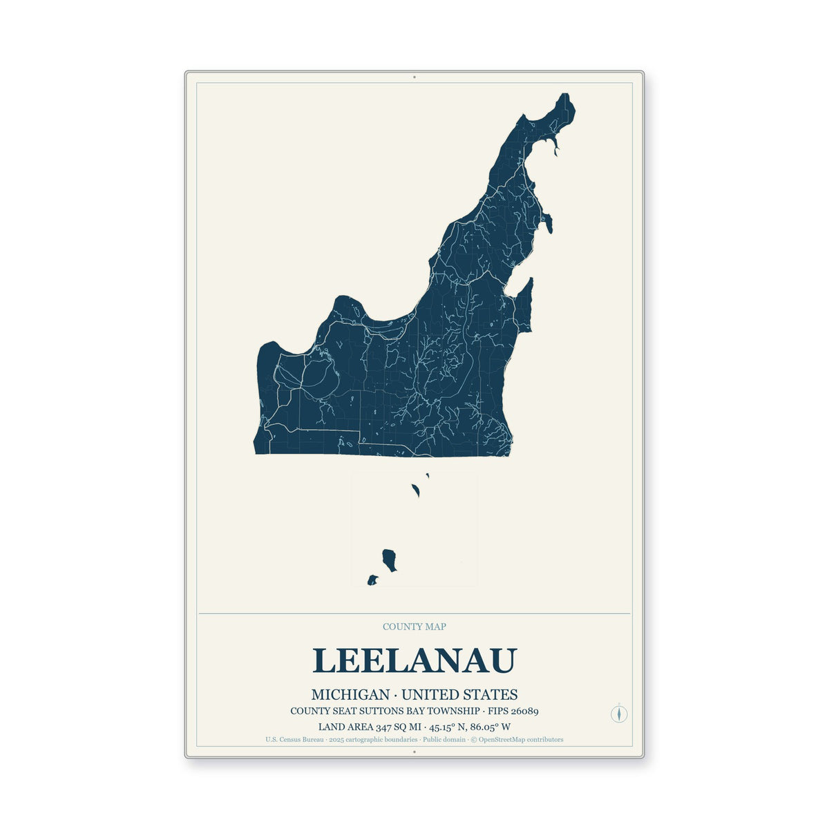 Leelanau County, Michigan Map Aluminum Sign in Coastal Cutout style