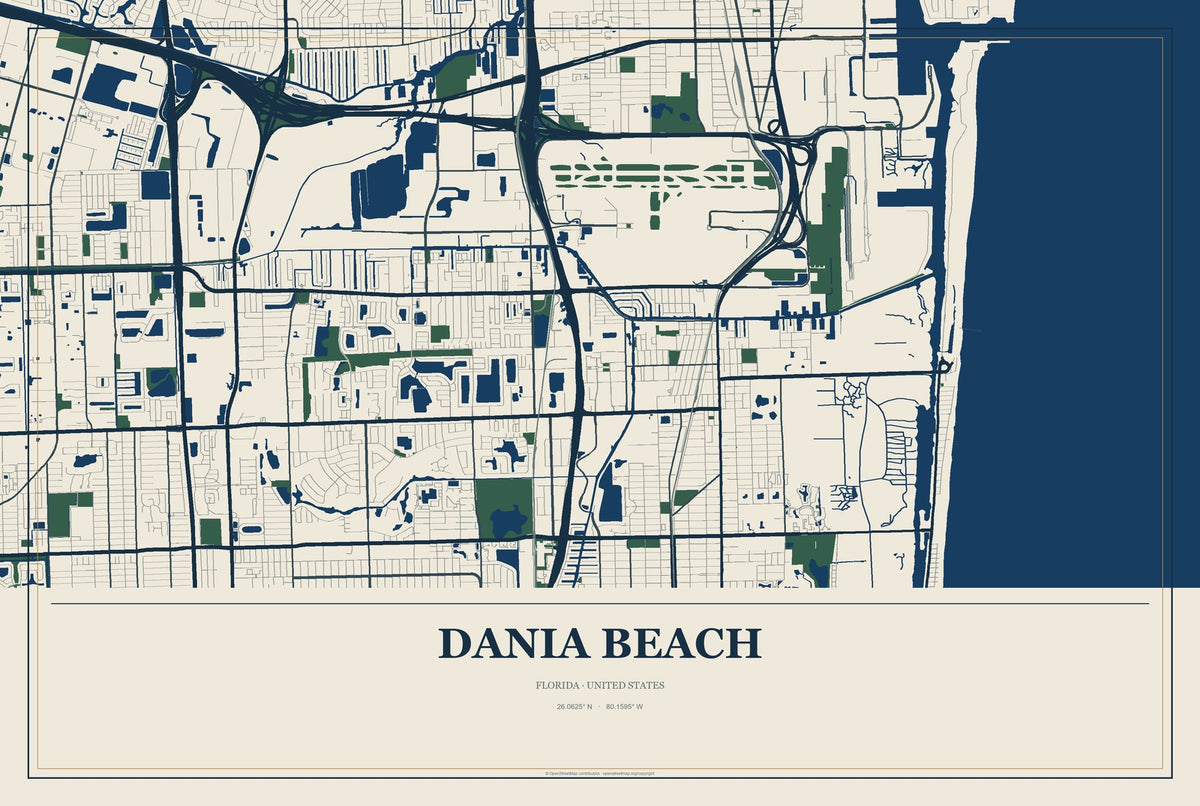 Dania Beach, Florida City Map Aluminum Sign in Coastal Cutout style