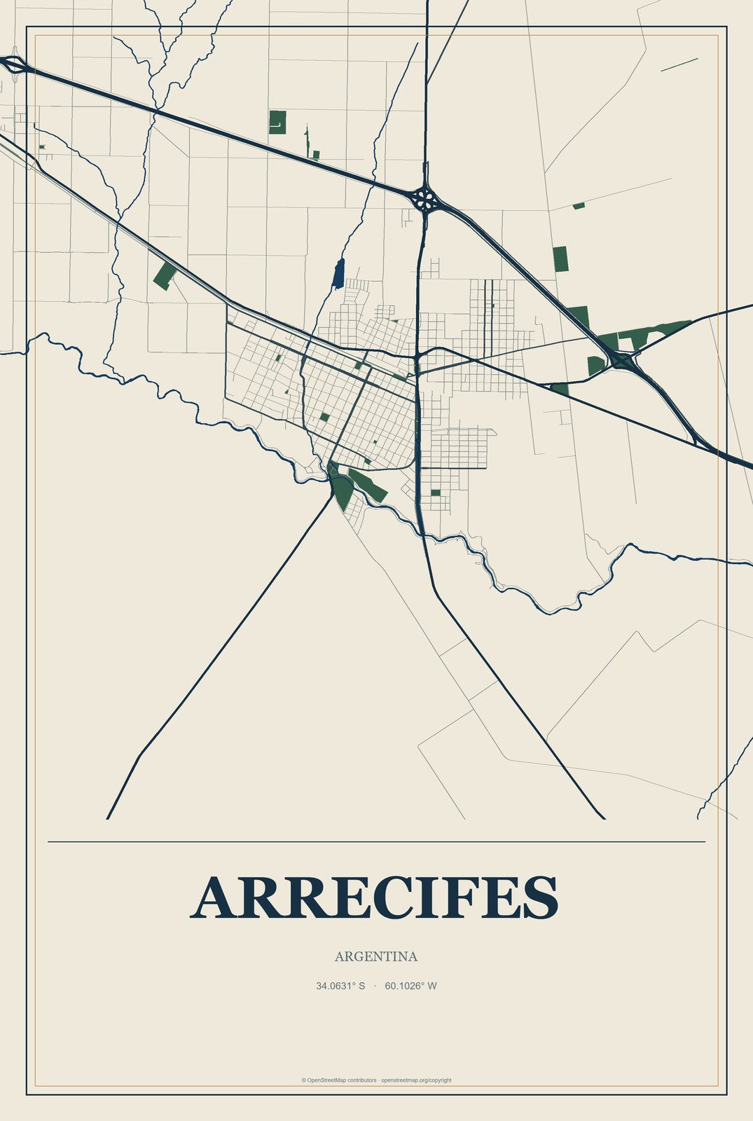Arrecifes, Argentina City Map Aluminum Sign in Coastal Cutout style