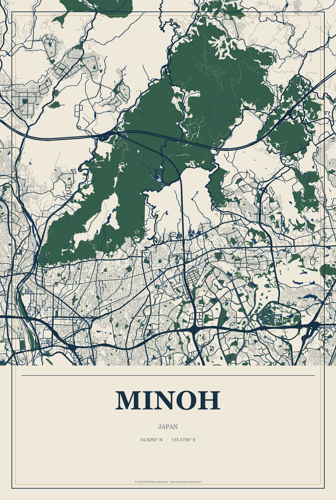 Minoh, Japan City Map Aluminum Sign in Coastal Cutout style