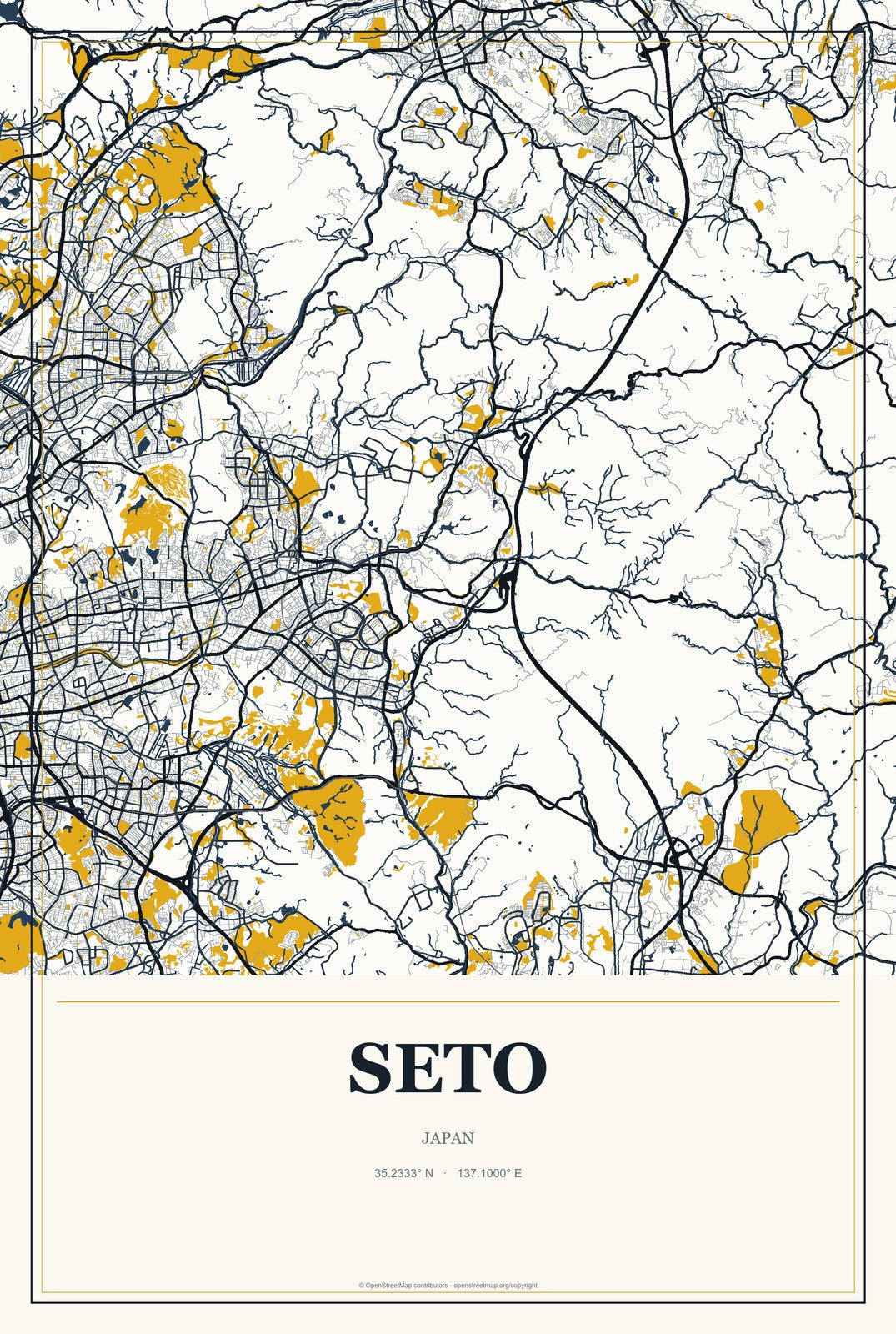 Seto, Japan City Map Aluminum Sign in Citrine Modern style