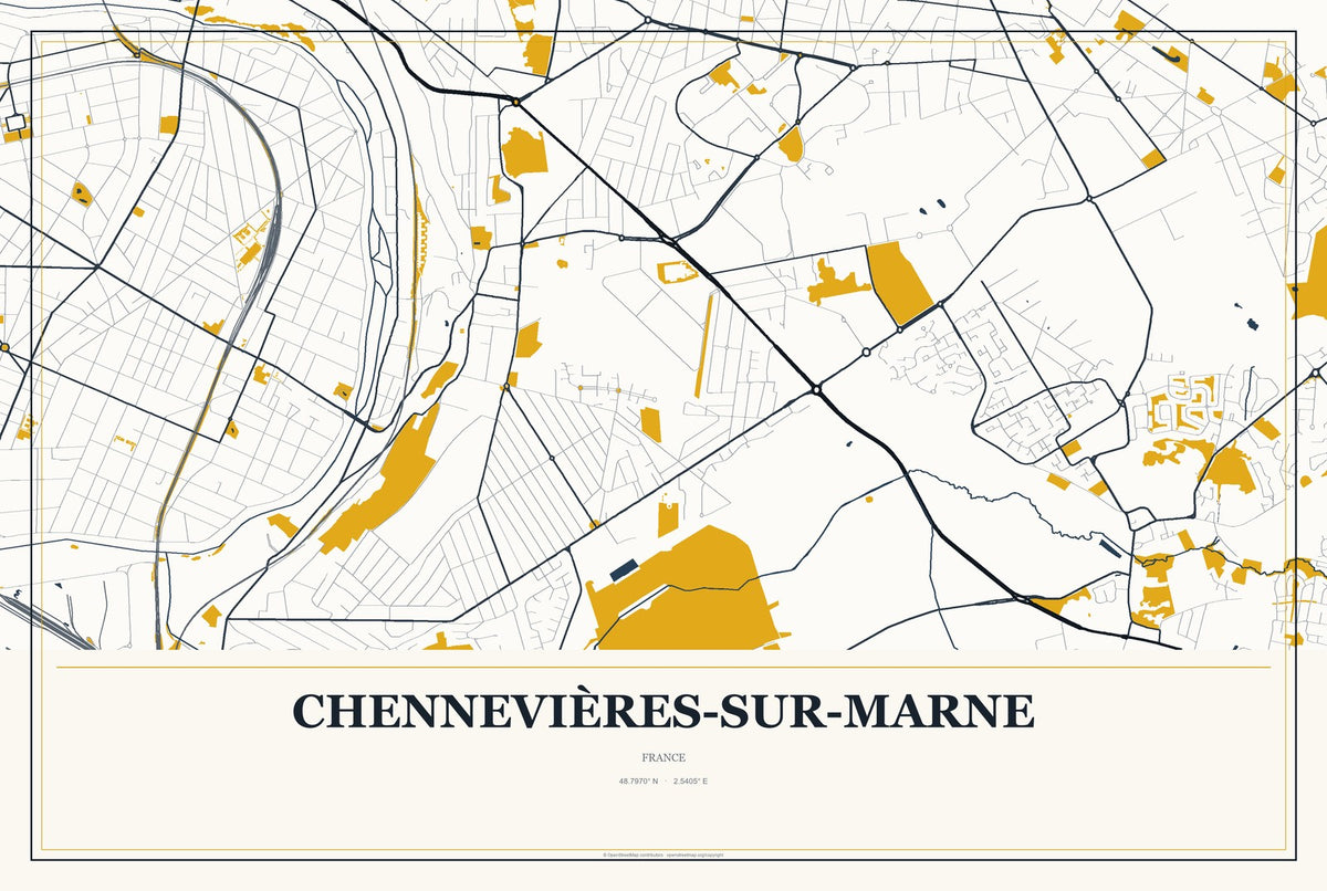Chennevières-sur-Marne, France City Map Aluminum Sign in Citrine Modern style