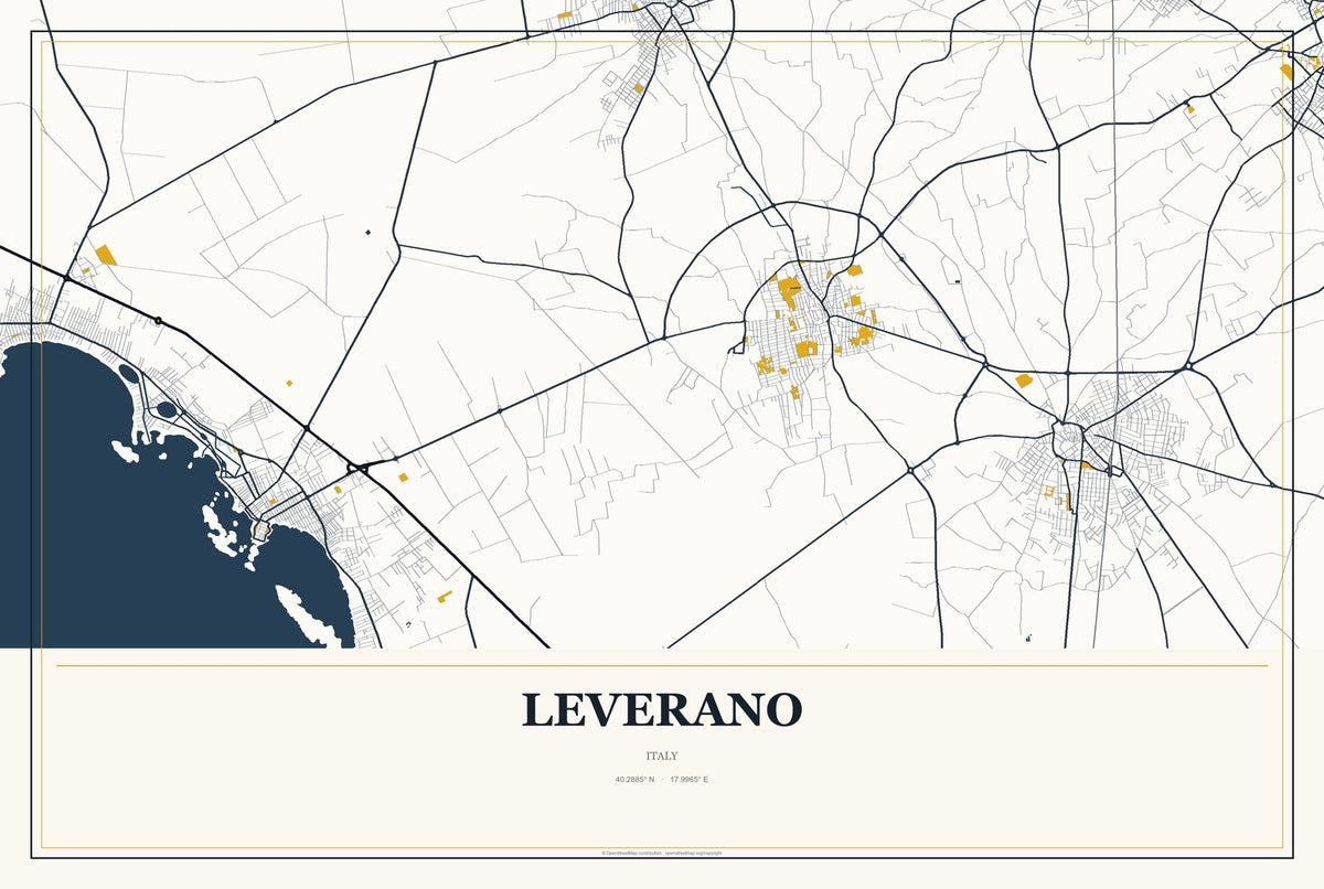 Leverano, Italy City Map Aluminum Sign in Citrine Modern style