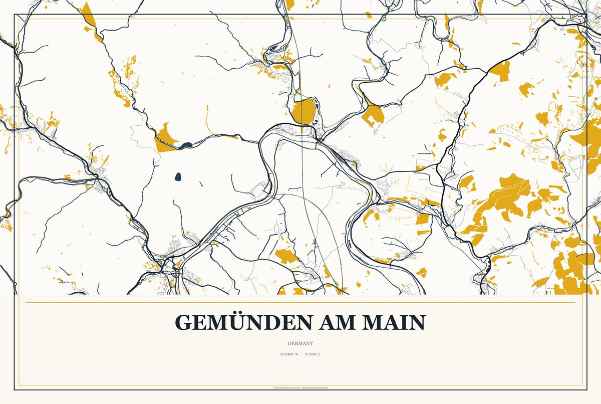 Gemünden am Main, Germany City Map Aluminum Sign in Citrine Modern style