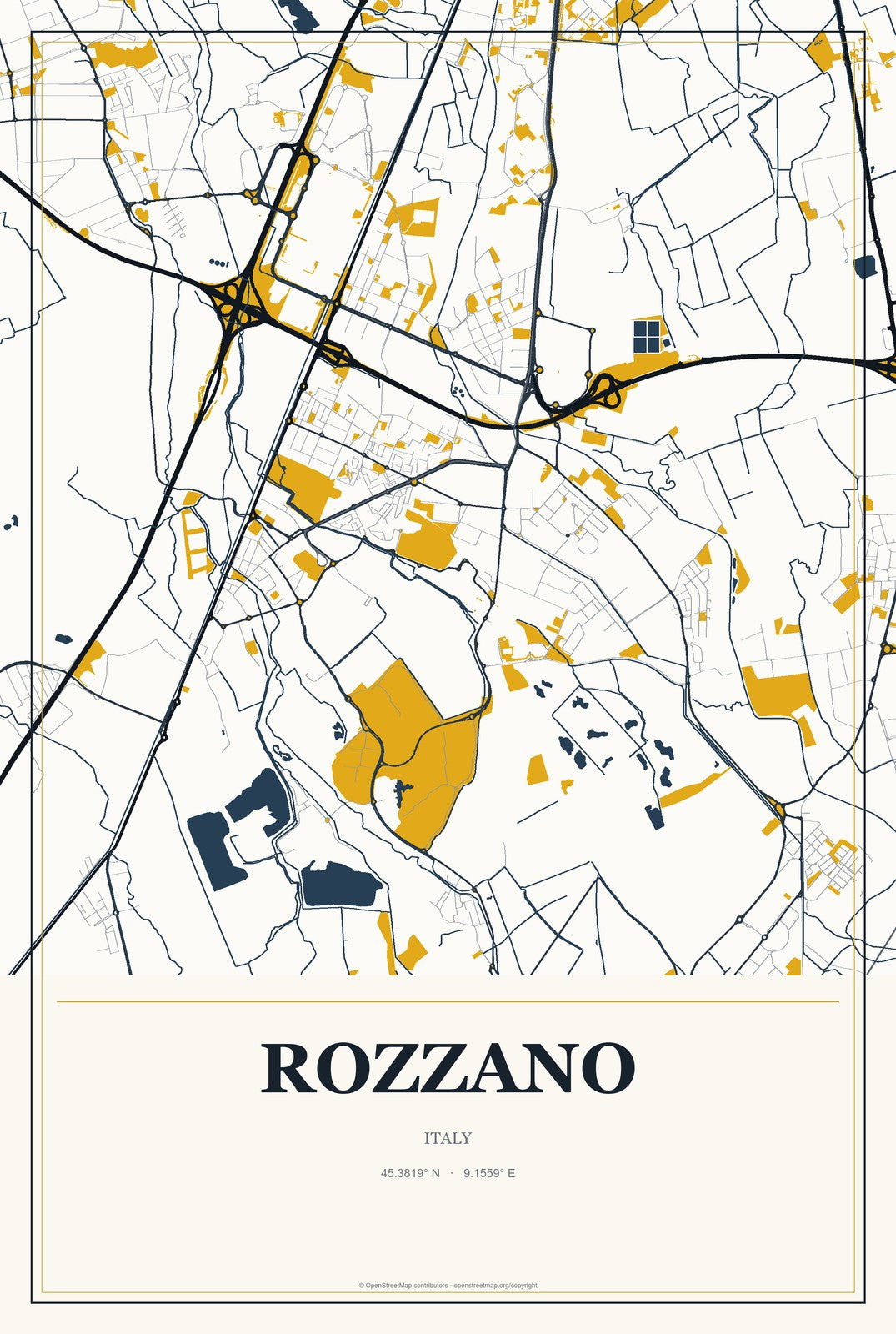 Rozzano, Italy City Map Aluminum Sign in Citrine Modern style