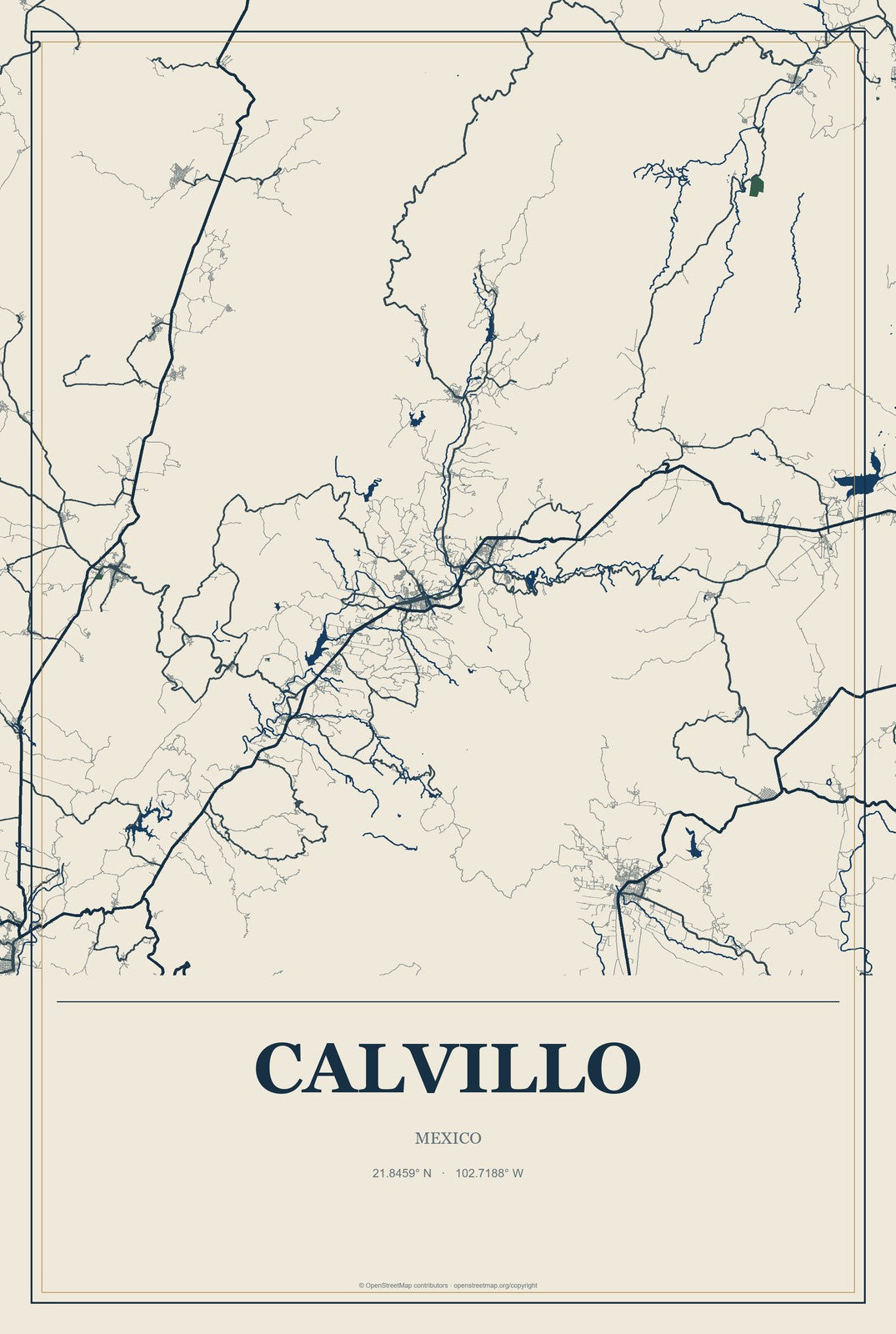 Calvillo, Mexico City Map Aluminum Sign in Coastal Cutout style