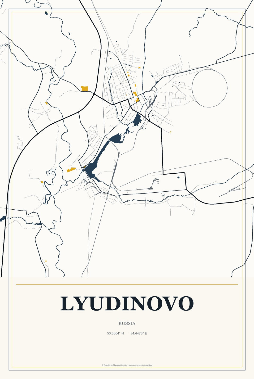 Lyudinovo, Russia City Map Aluminum Sign in Citrine Modern style