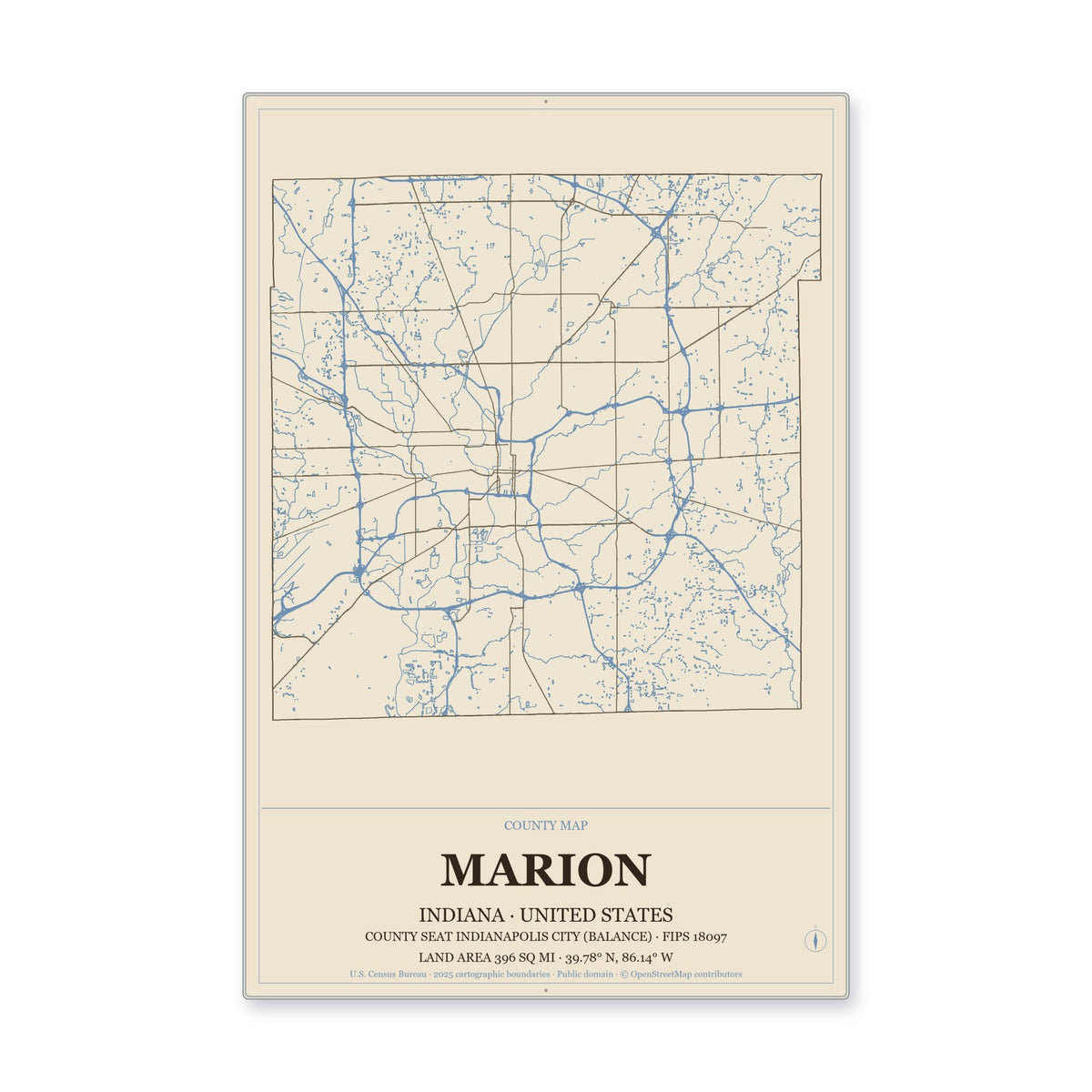 Marion County, Indiana Map Aluminum Sign in Heritage Nautical style
