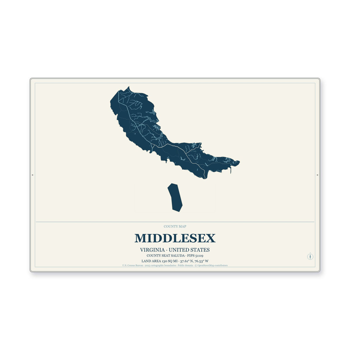 Middlesex County, Virginia Map Aluminum Sign in Coastal Cutout style