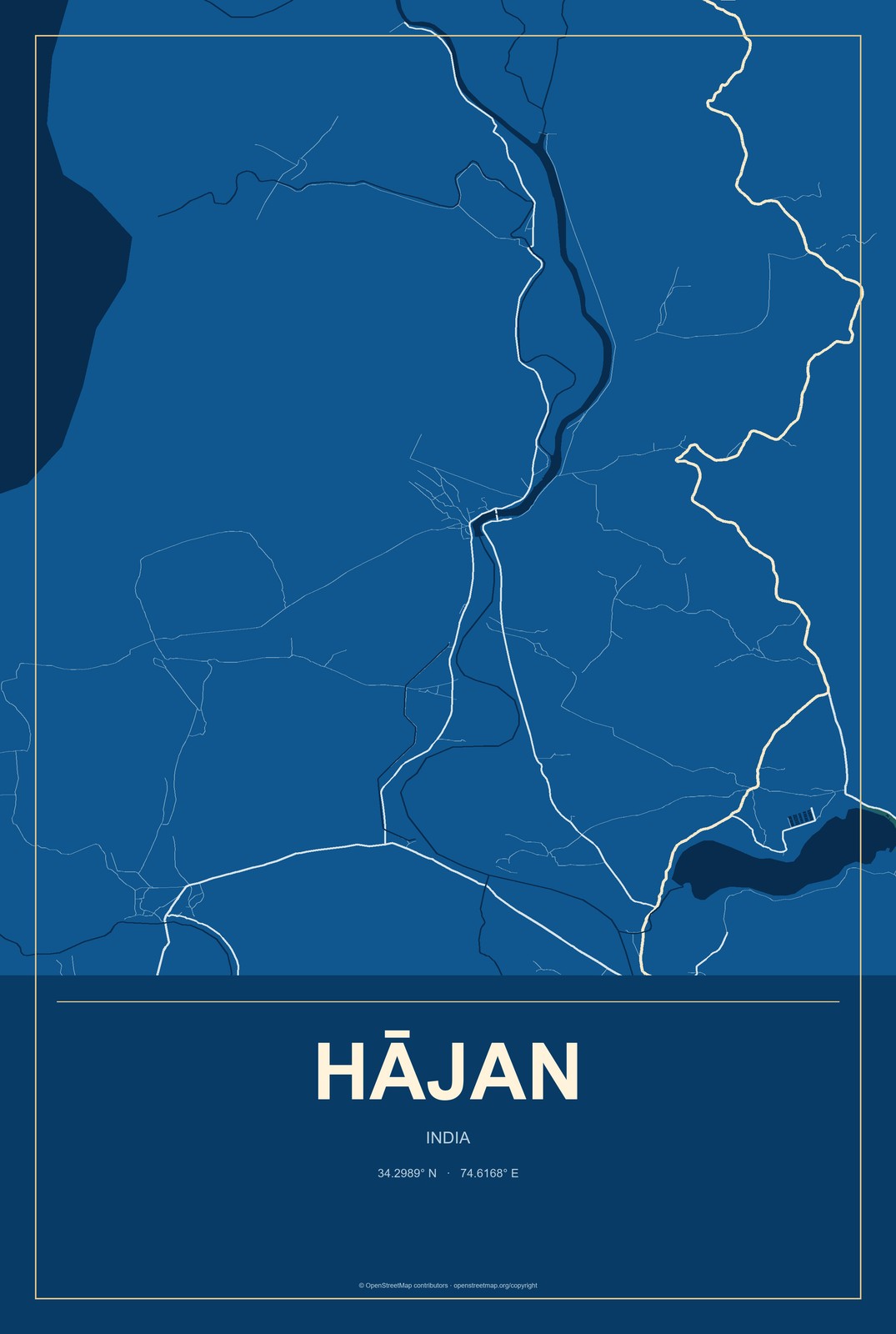 Hājan, India City Map Aluminum Sign in Harbor Cobalt style