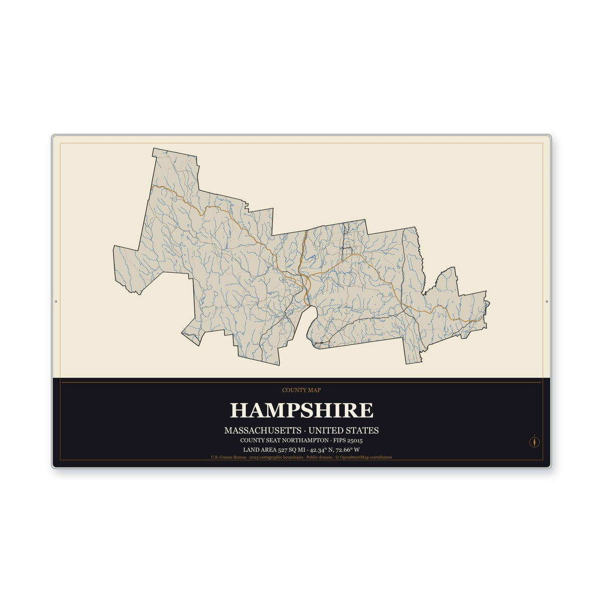 Hampshire County, Massachusetts Map Aluminum Sign in Museum Plaque style