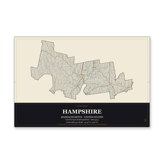 Hampshire County, Massachusetts Map Aluminum Sign in Museum Plaque style
