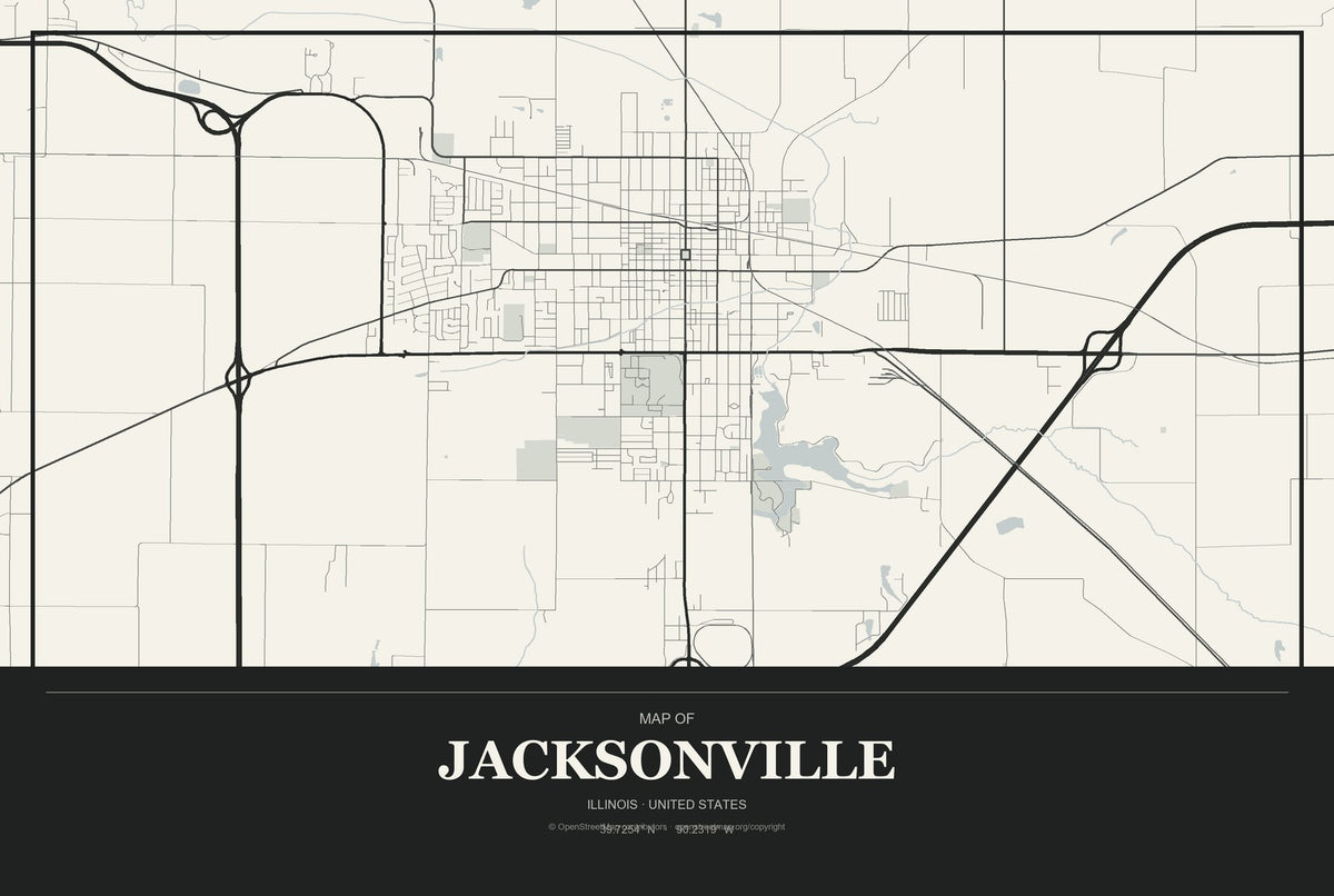 Jacksonville, Illinois City Map Aluminum Sign in Museum Plaque style