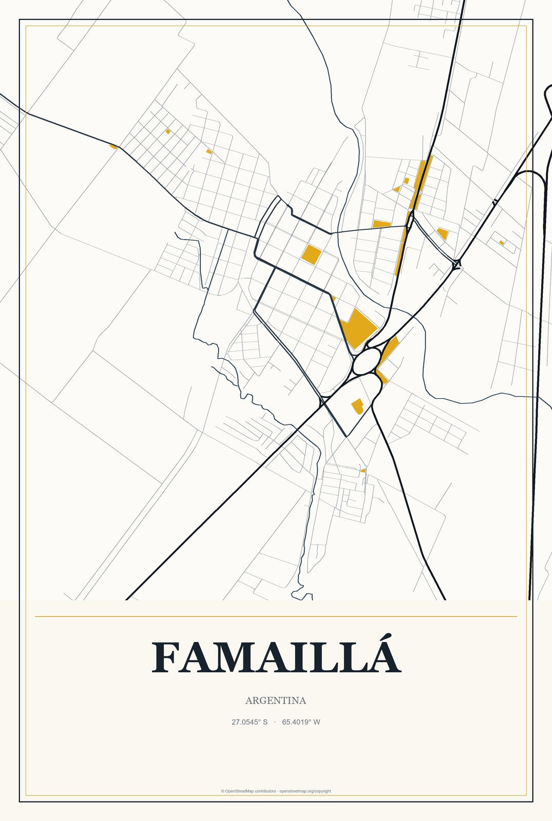 Famaillá, Argentina City Map Aluminum Sign in Citrine Modern style
