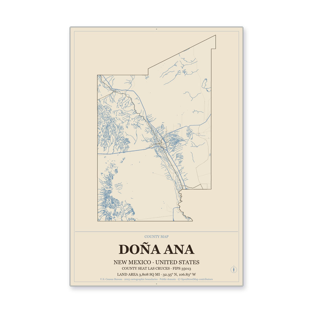 Doña Ana County, New Mexico Map Aluminum Sign in Heritage Nautical style