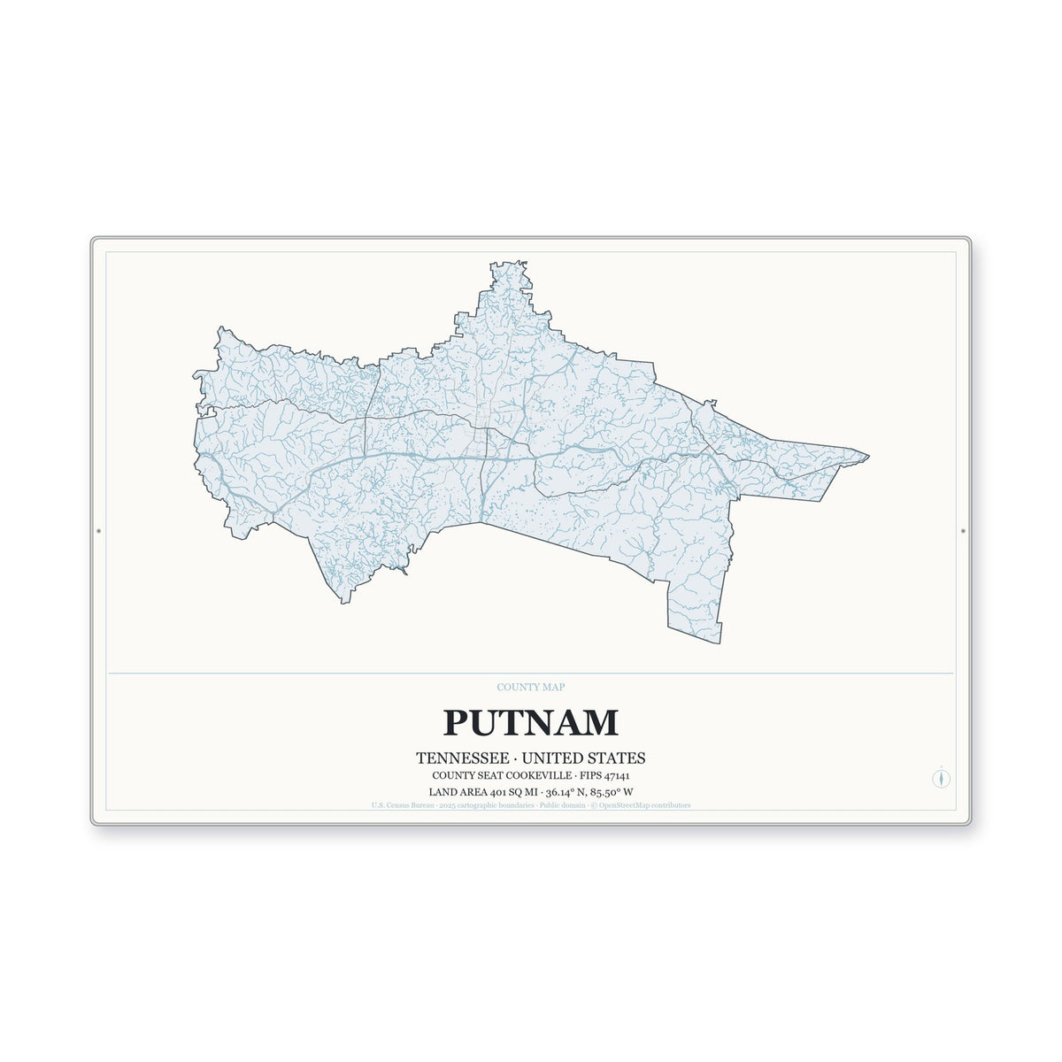 Putnam County, Tennessee Map Aluminum Sign in Gallery Air style