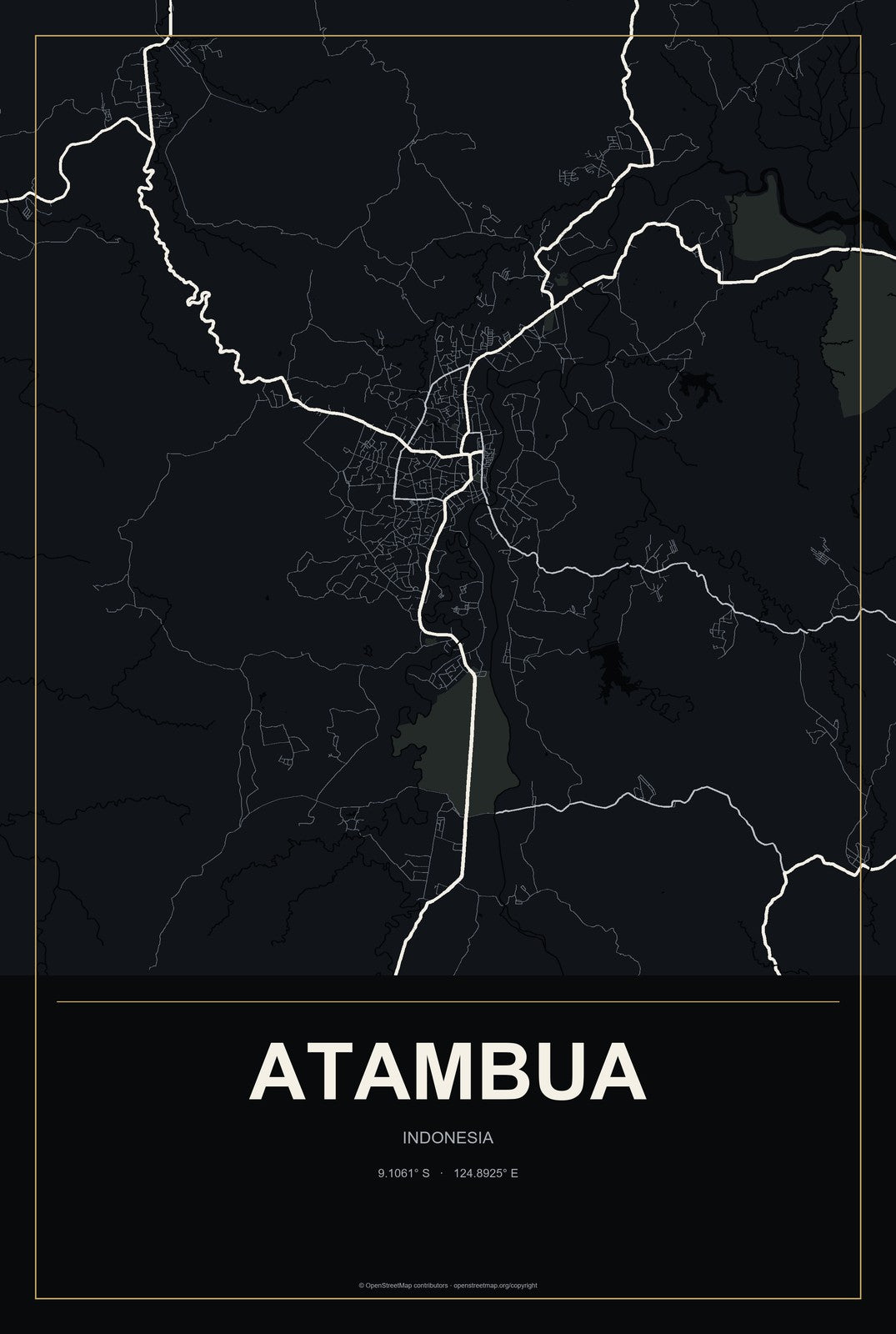 Atambua, Indonesia City Map Aluminum Sign in Metropolitan Noir style