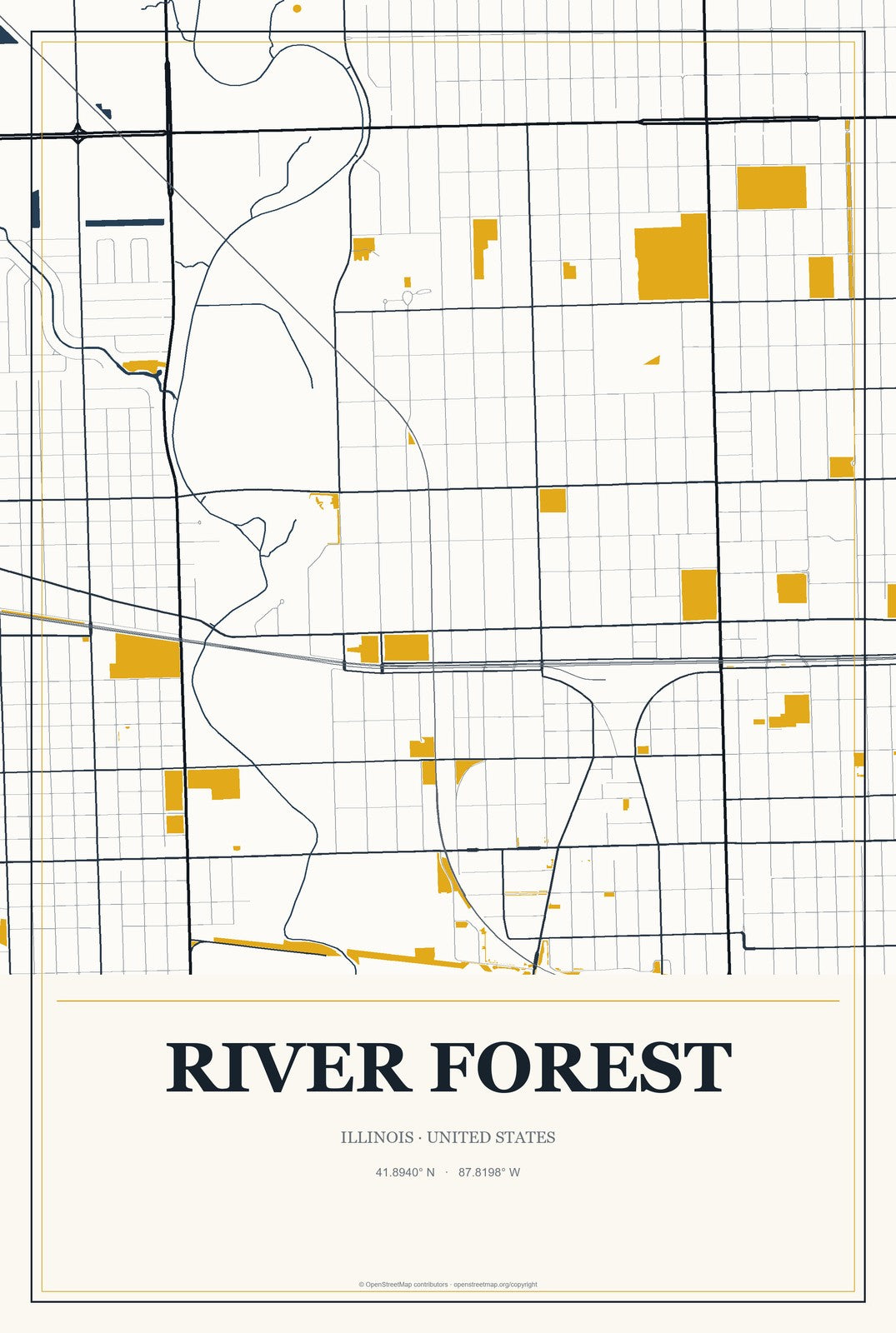 River Forest, Illinois City Map Aluminum Sign in Citrine Modern style