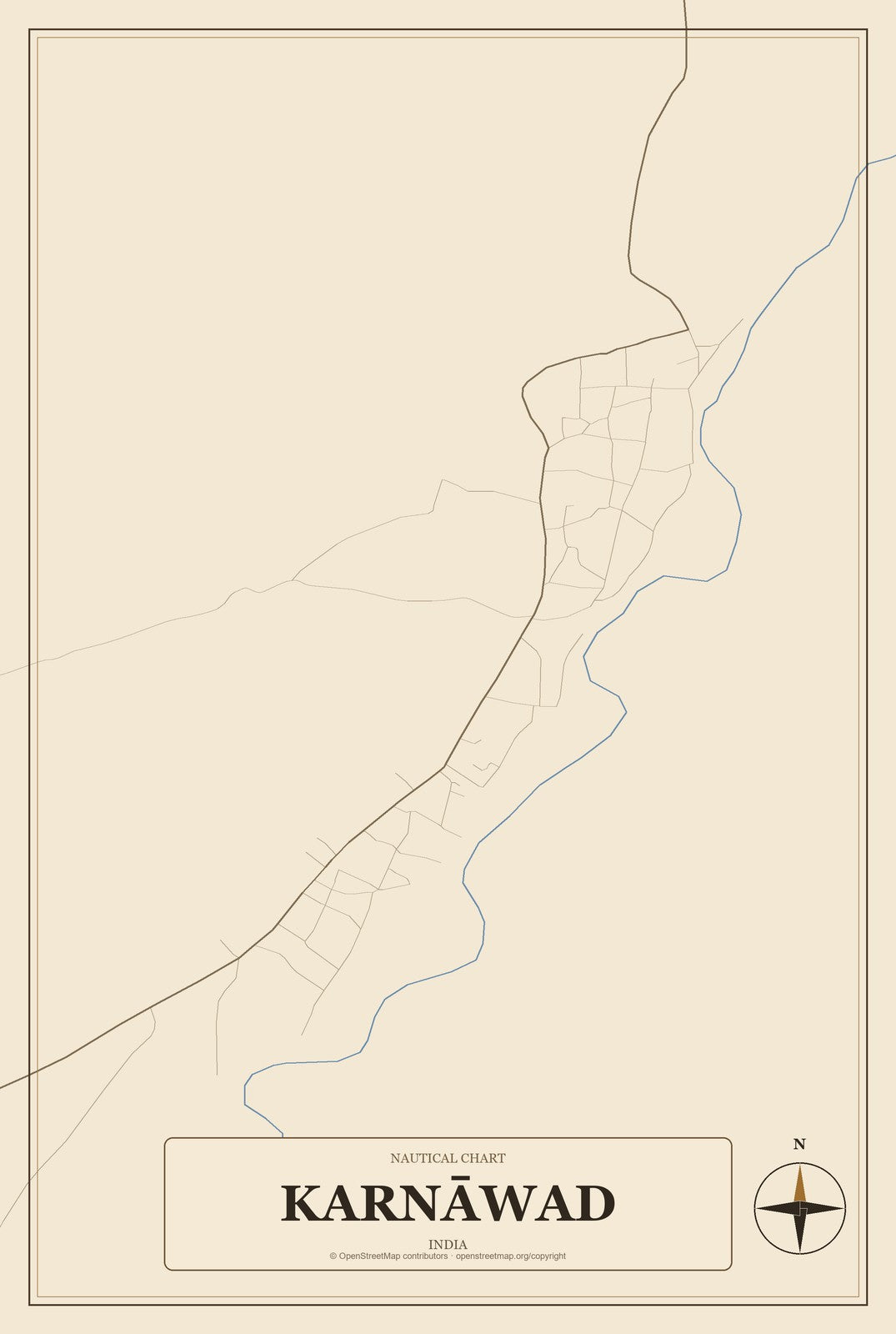 Karnāwad, India City Map Aluminum Sign in Heritage Nautical style