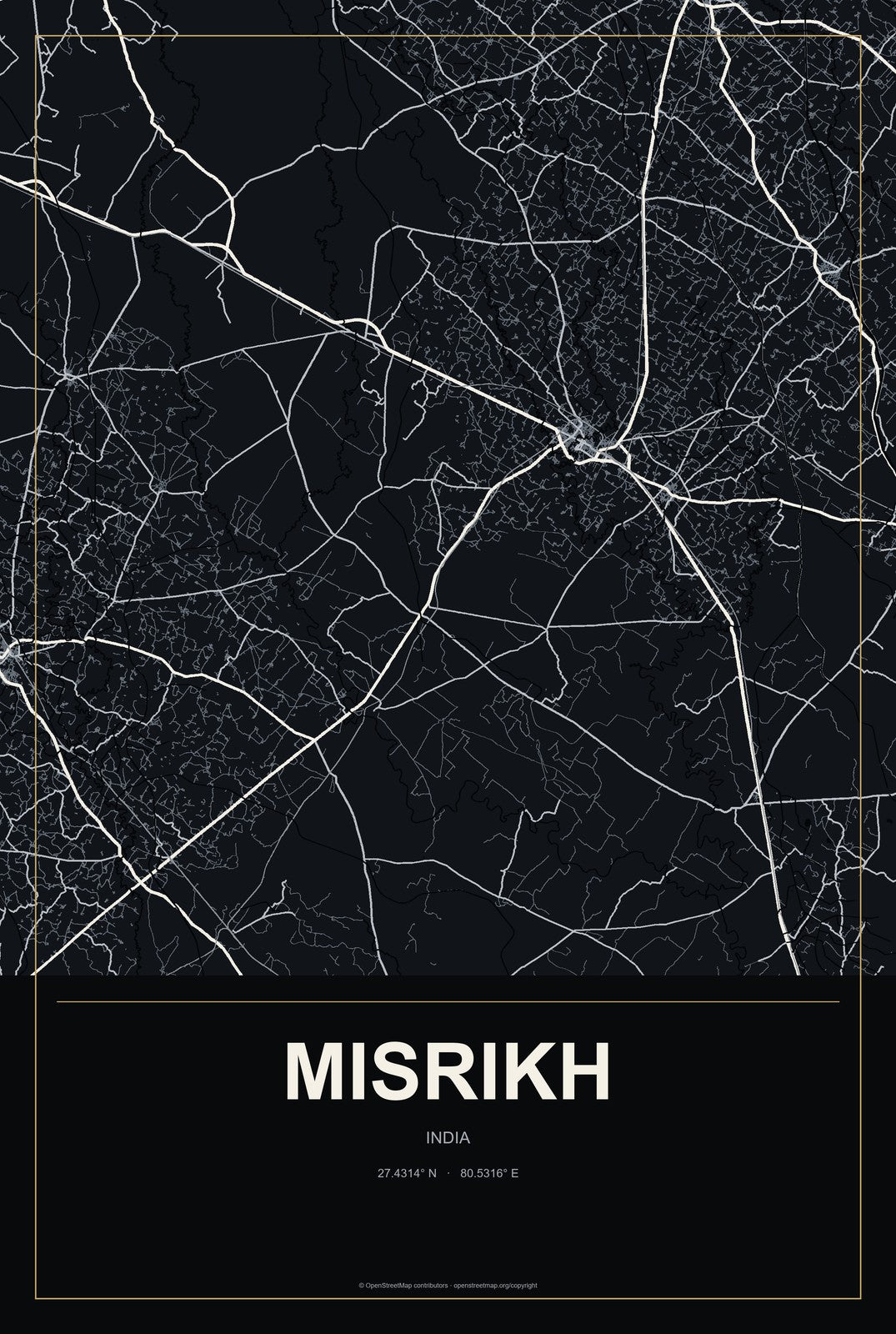 Misrikh, India City Map Aluminum Sign in Metropolitan Noir style