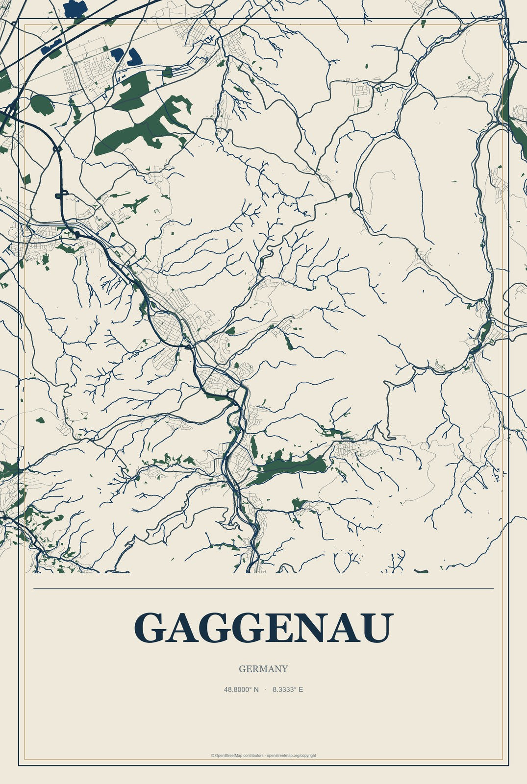 Gaggenau, Germany City Map Aluminum Sign in Coastal Cutout style