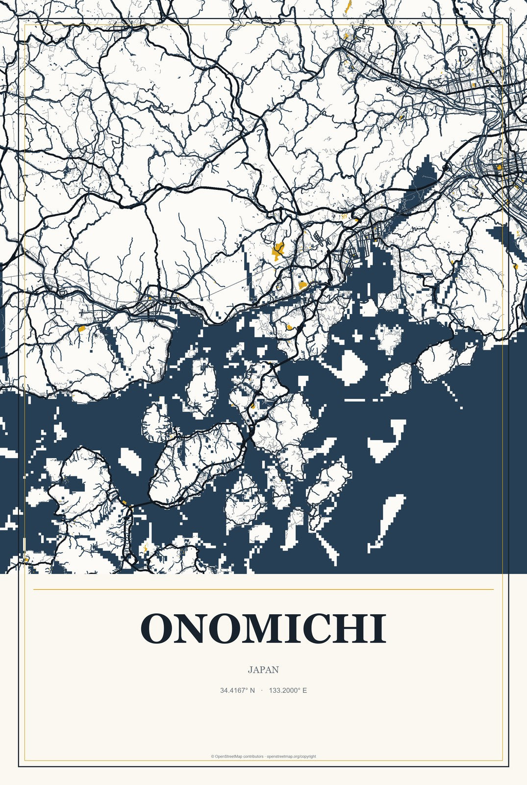 Onomichi, Japan City Map Aluminum Sign in Citrine Modern style