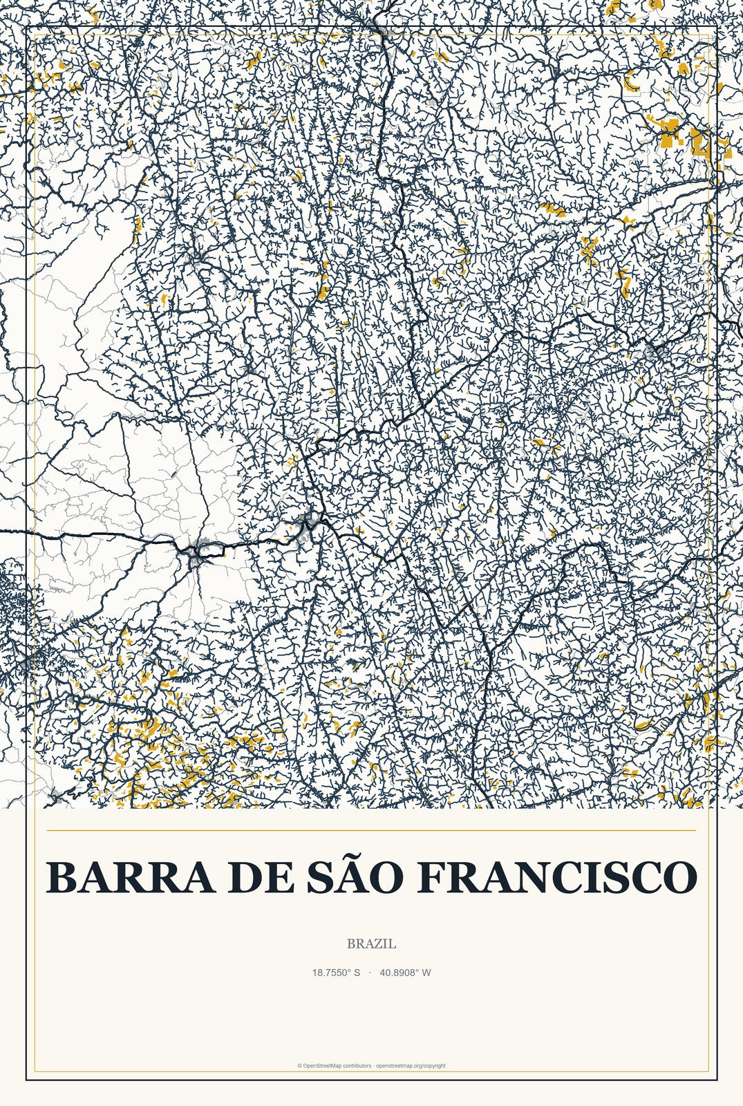 Barra de São Francisco, Brazil City Map Aluminum Sign in Citrine Modern style