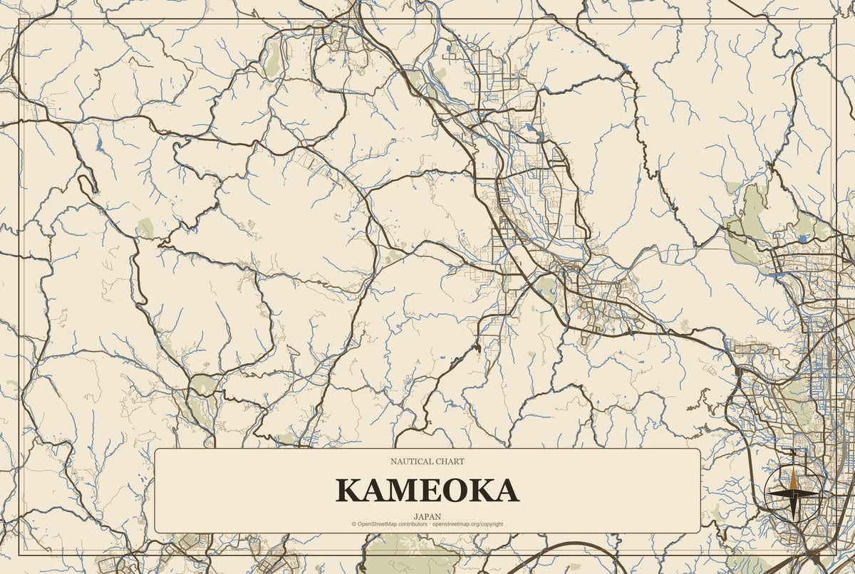 Kameoka, Japan City Map Aluminum Sign in Heritage Nautical style