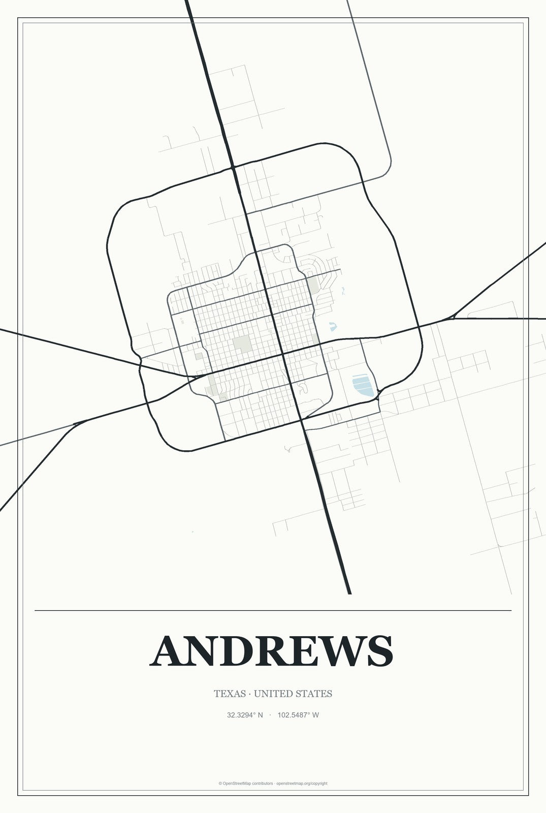 Andrews, Texas City Map Aluminum Sign in Gallery Air style
