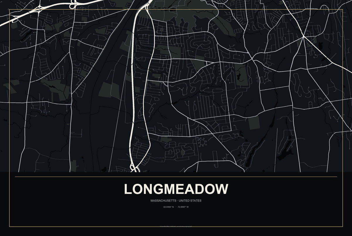 Longmeadow, Massachusetts City Map Aluminum Sign in Metropolitan Noir style