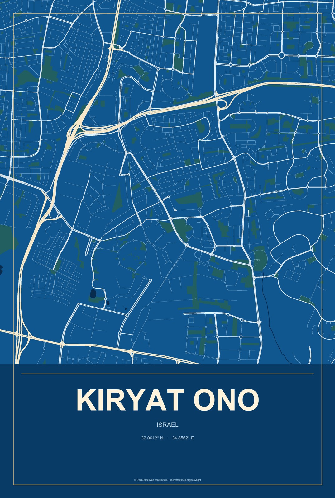 Kiryat Ono, Israel City Map Aluminum Sign in Harbor Cobalt style