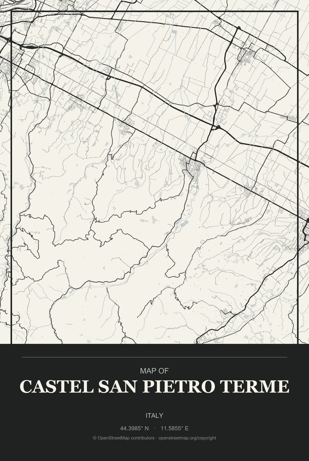 Castel San Pietro Terme, Italy City Map Aluminum Sign in Museum Plaque style