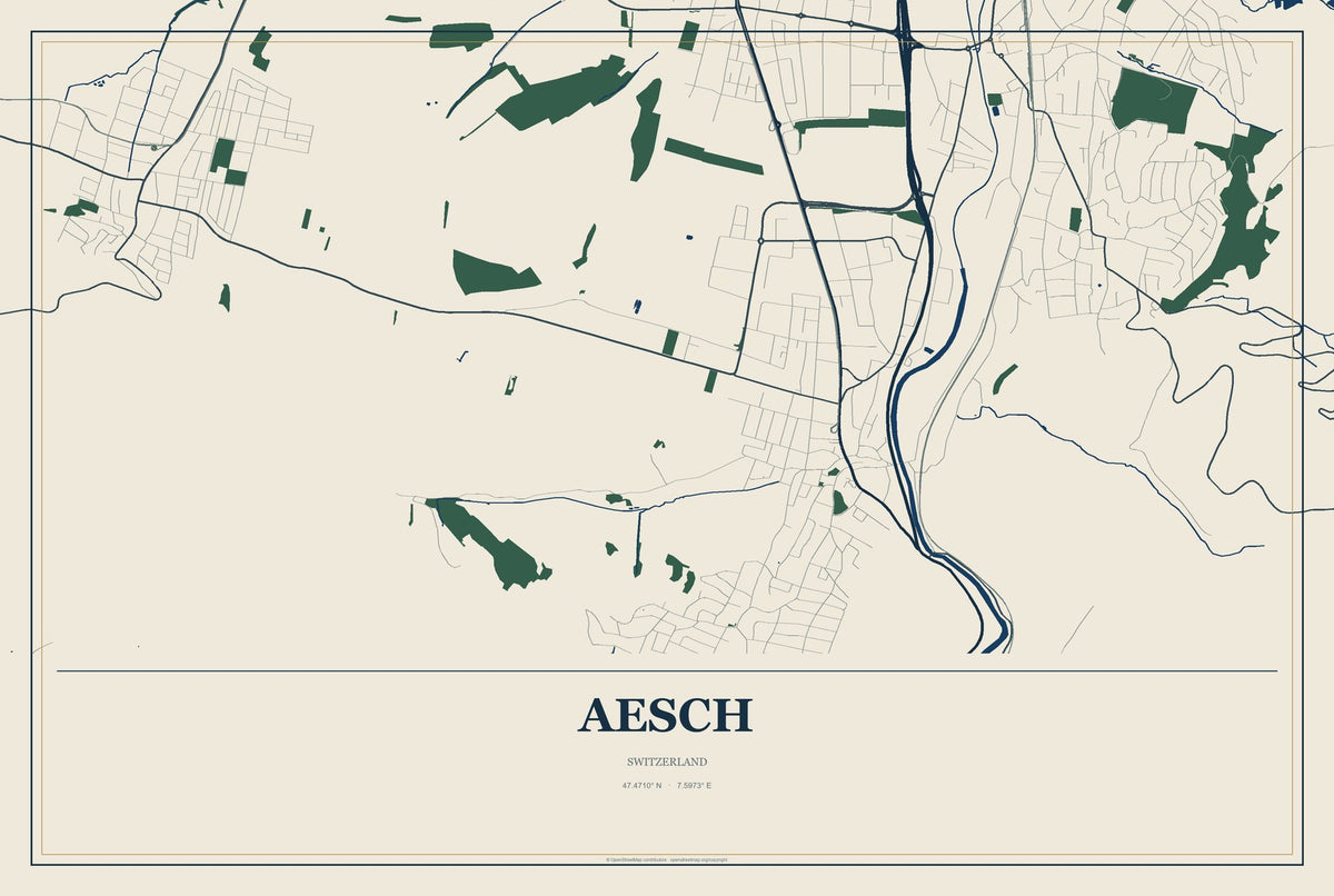 Aesch, Switzerland City Map Aluminum Sign in Coastal Cutout style