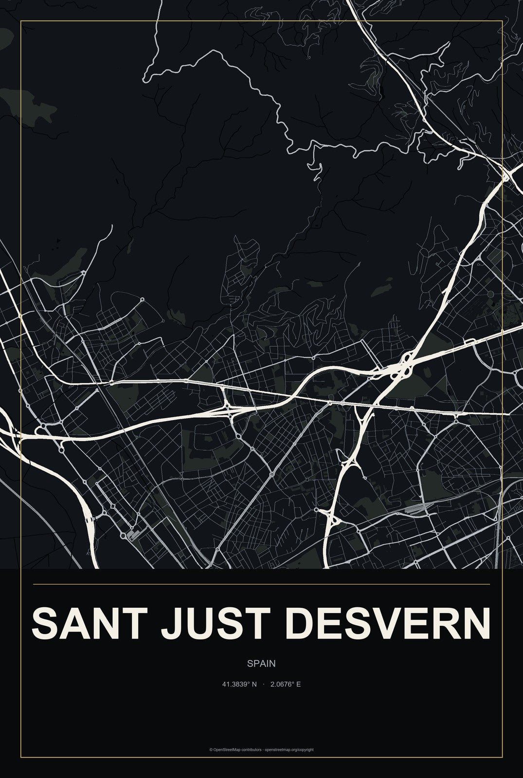 Sant Just Desvern, Spain City Map Aluminum Sign in Metropolitan Noir style