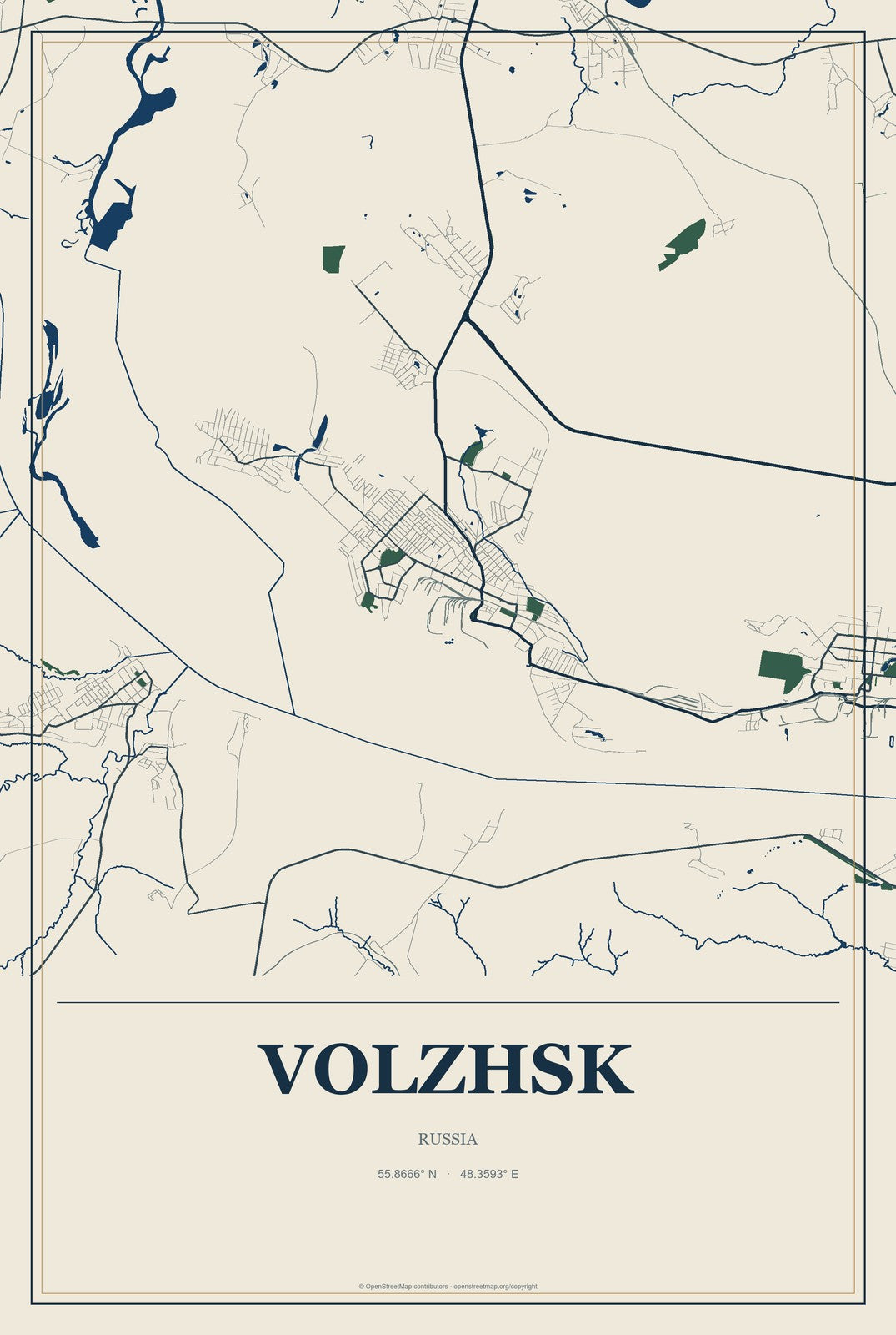 Volzhsk, Russia City Map Aluminum Sign in Coastal Cutout style