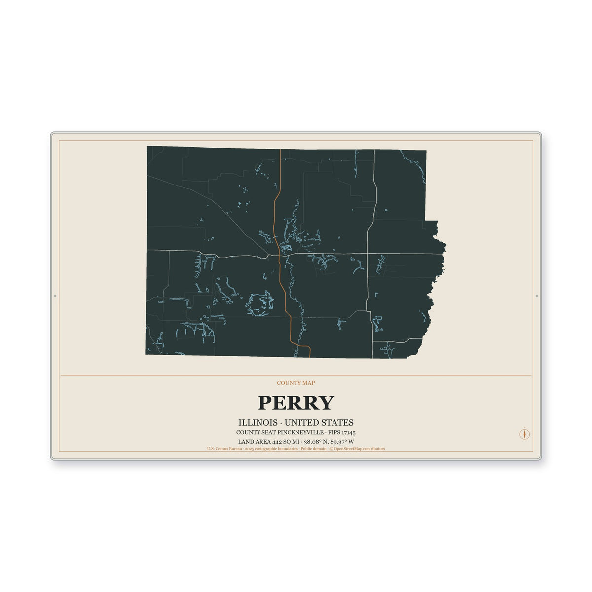 Perry County, Illinois Map Aluminum Sign in Headline Atlas style