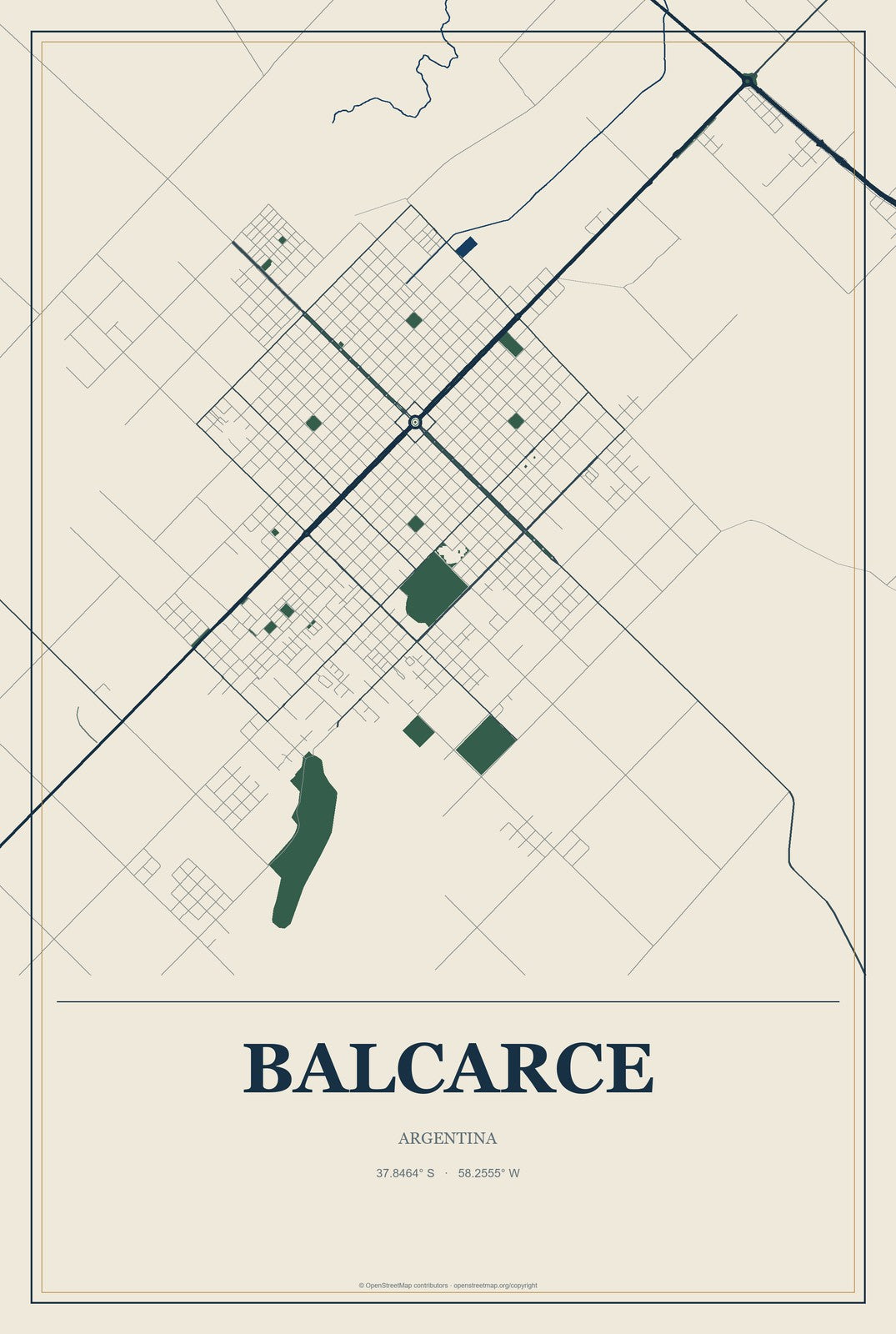 Balcarce, Argentina City Map Aluminum Sign in Coastal Cutout style