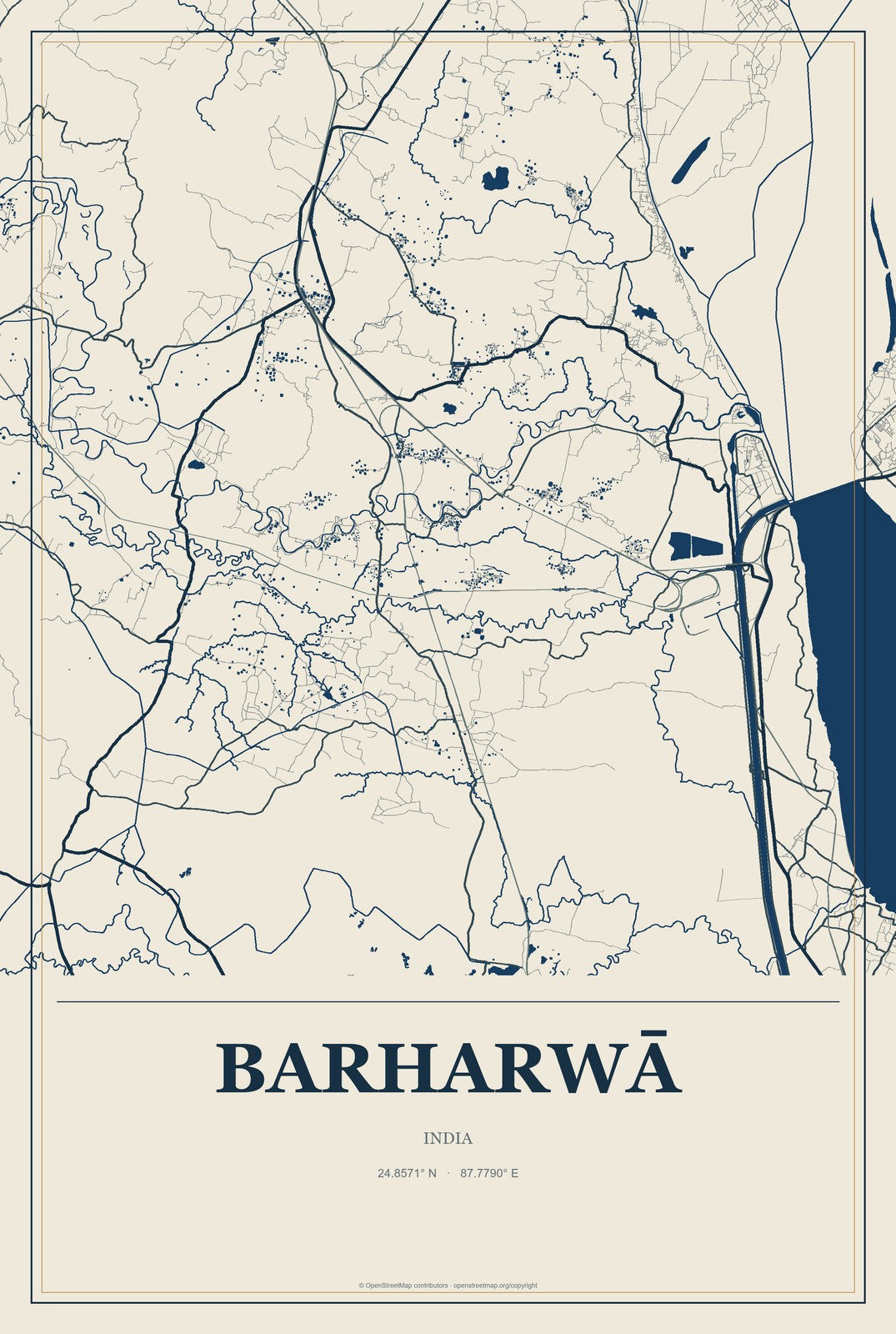 Barharwā, India City Map Aluminum Sign in Coastal Cutout style