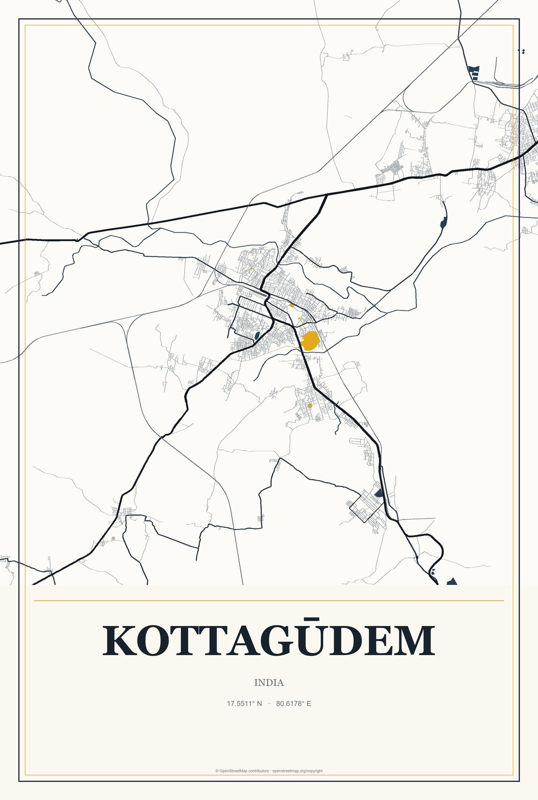 Kottagūdem, India City Map Aluminum Sign in Citrine Modern style