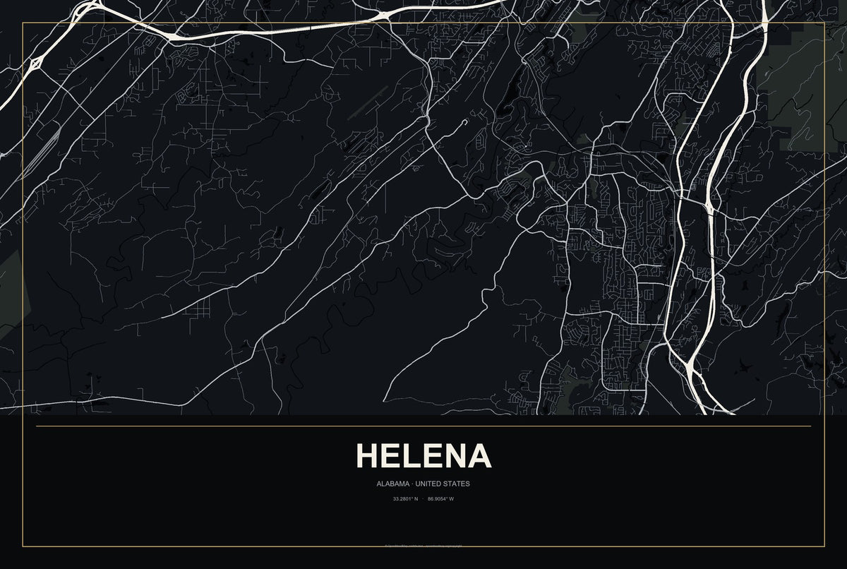 Helena, Alabama City Map Aluminum Sign in Metropolitan Noir style